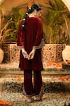 Shop_Surabhi Arya_Maroon Velvet Zari, Embroidery Split V-neck And Thread Kurta Set _at_Aza_Fashions