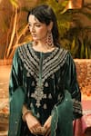 Buy_Surabhi Arya_Green Velvet, Organza Zari, Embroidery Round Neck, Split Zardozi Kurta Set _Online_at_Aza_Fashions