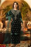 Buy_Surabhi Arya_Green Velvet, Organza Zari, Embroidery Round Neck, Split Zardozi Kurta Set _at_Aza_Fashions