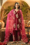 Buy_Surabhi Arya_Pink Velvet, Organza Embroidery Notched Neck Floral Kurta Set _at_Aza_Fashions
