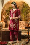 Surabhi Arya_Pink Velvet, Organza Embroidery Notched Neck Floral Kurta Set _at_Aza_Fashions