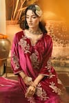 Shop_Surabhi Arya_Pink Velvet, Organza Embroidery Notched Neck Floral Kurta Set 