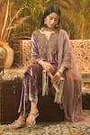 Surabhi Arya_Purple Velvet, Organza Embroidery Split V-neck Hand Kurta Set _Online_at_Aza_Fashions