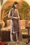 Surabhi Arya_Purple Velvet, Organza Embroidery Split V-neck Hand Kurta Set _at_Aza_Fashions