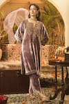 Buy_Surabhi Arya_Purple Velvet, Organza Embroidery Split V-neck Hand Kurta Set 