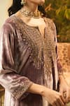 Shop_Surabhi Arya_Purple Velvet, Organza Embroidery Split V-neck Hand Kurta Set 