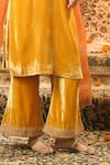 Surabhi Arya_Yellow Velvet Embroidery Split V-neck Kurta Set _Online_at_Aza_Fashions