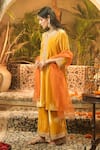 Buy_Surabhi Arya_Yellow Velvet Embroidery Split V-neck Kurta Set _Online_at_Aza_Fashions