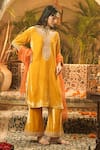 Shop_Surabhi Arya_Yellow Velvet Embroidery Split V-neck Kurta Set _Online_at_Aza_Fashions