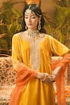 Surabhi Arya_Yellow Velvet Embroidery Split V-neck Kurta Set _at_Aza_Fashions