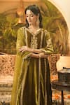 Buy_Surabhi Arya_Olive Green Velvet Embroidery, Sequins V-neck Gold Thread Kurta Set _Online_at_Aza_Fashions
