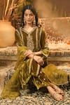 Shop_Surabhi Arya_Olive Green Velvet Embroidery, Sequins V-neck Gold Thread Kurta Set _Online_at_Aza_Fashions