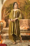 Buy_Surabhi Arya_Olive Green Velvet Embroidery, Sequins V-neck Gold Thread Kurta Set _at_Aza_Fashions