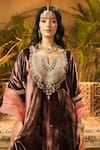 Buy_Surabhi Arya_Brown Velvet, Tissue, Organza Embroidery Split V-neck Kurta Sharara Set _Online_at_Aza_Fashions