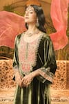 Shop_Surabhi Arya_Olive Green Velvet, Organza Embroidery, Zari Round Neck And Thread Kurta Set _Online_at_Aza_Fashions