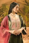 Surabhi Arya_Olive Green Velvet, Organza Embroidery, Zari Round Neck And Thread Kurta Set _at_Aza_Fashions