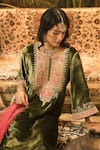 Shop_Surabhi Arya_Olive Green Velvet, Organza Embroidery, Zari Round Neck And Thread Kurta Set 