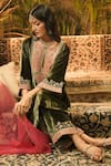 Buy_Surabhi Arya_Olive Green Velvet, Organza Embroidery, Zari Round Neck And Thread Kurta Set _Online
