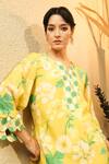 Buy_Surabhi Arya_Yellow Muslin Piping, Pom-poms V-neck Floral Print And Pant Set _Online_at_Aza_Fashions