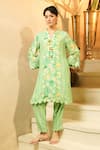Buy_Surabhi Arya_Green Crepe Tassels Notched Neck Floral Print Kurta And Striped Trouser Set _at_Aza_Fashions