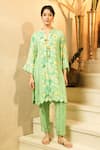 Surabhi Arya_Green Crepe Tassels Notched Neck Floral Print Kurta And Striped Trouser Set _at_Aza_Fashions