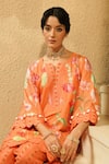 Shop_Surabhi Arya_Orange Crepe Notched Neck Floral Printed Kurta And Striped Pant Set _Online_at_Aza_Fashions