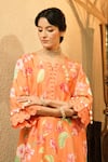Surabhi Arya_Orange Crepe Notched Neck Floral Printed Kurta And Striped Pant Set _at_Aza_Fashions