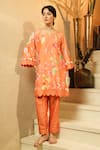 Buy_Surabhi Arya_Orange Crepe Notched Neck Floral Printed Kurta And Striped Pant Set _at_Aza_Fashions