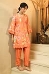 Buy_Surabhi Arya_Orange Crepe Notched Neck Floral Printed Kurta And Striped Pant Set 