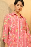 Surabhi Arya_Pink Muslin Collared, Button-down Pintuck Floral And Striped Printed Kurta Set _at_Aza_Fashions
