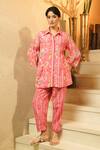 Buy_Surabhi Arya_Pink Muslin Collared, Button-down Pintuck Floral And Striped Printed Kurta Set _at_Aza_Fashions
