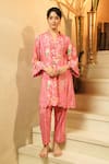 Buy_Surabhi Arya_Pink Crepe Tassels V-neck, Mandarin Floral And Striped Multi-panel Kurta Set _at_Aza_Fashions
