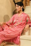 Shop_Surabhi Arya_Pink Crepe Tassels V-neck, Mandarin Floral And Striped Multi-panel Kurta Set _Online_at_Aza_Fashions