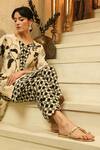 Surabhi Arya_Ivory Crepe Split V-neck Botanical Print Kurta And Polka-dot Pant Set _Online_at_Aza_Fashions