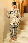 Buy_Surabhi Arya_Ivory Crepe Split V-neck Botanical Print Kurta And Polka-dot Pant Set _at_Aza_Fashions
