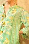 Buy_Surabhi Arya_Mint Crepe Tassels Split V-neck, Floral And Striped Printed Scalloped Kurta Set _Online_at_Aza_Fashions