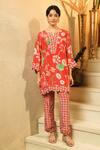 Buy_Surabhi Arya_Red Muslin V-neck Floral And Polka Dot Printed Kurta Set _at_Aza_Fashions