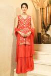 Buy_Surabhi Arya_Red Crepe Embroidery V-neck Floral Jacket Style Kurta Sharara Set _at_Aza_Fashions