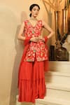 Buy_Surabhi Arya_Red Crepe Embroidery V-neck Floral Jacket Style Kurta Sharara Set _Online_at_Aza_Fashions