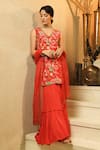 Surabhi Arya_Red Crepe Embroidery V-neck Floral Jacket Style Kurta Sharara Set _at_Aza_Fashions