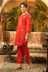 Surabhi Arya_Red Silk Embroidery, Applique Round Neck Hand-embroidered Kurta And Pant Set _at_Aza_Fashions