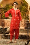 Buy_Surabhi Arya_Red Silk Embroidery, Applique Round Neck Hand-embroidered Kurta And Pant Set 