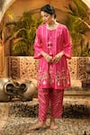 Buy_Surabhi Arya_Fuchsia Silk Applique, Embroidery, Tassels Round Neck, And Hand A-line Kurta Set _at_Aza_Fashions