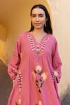ASRUMO_Pink Linen Embroidery V-neck Hand Midi Dress _Online_at_Aza_Fashions