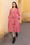Shop_ASRUMO_Pink Linen Embroidery V-neck Hand Midi Dress _Online_at_Aza_Fashions