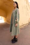Buy_ASRUMO_Green Linen Embroidery V-neck Floral Hand Midi Dress _Online_at_Aza_Fashions