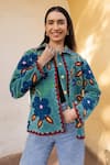 Buy_ASRUMO_Teal Velvet Embroidery Collared Hand Floral Jacket _at_Aza_Fashions