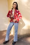 ASRUMO_Red Velvet Embroidery High Neck Hand Floral Jacket _Online_at_Aza_Fashions