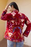 Shop_ASRUMO_Red Velvet Embroidery High Neck Hand Floral Jacket _at_Aza_Fashions
