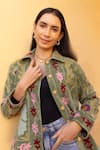Shop_ASRUMO_Green Velvet Embroidery Collared, V-neck Floral Hand Jacket _Online_at_Aza_Fashions